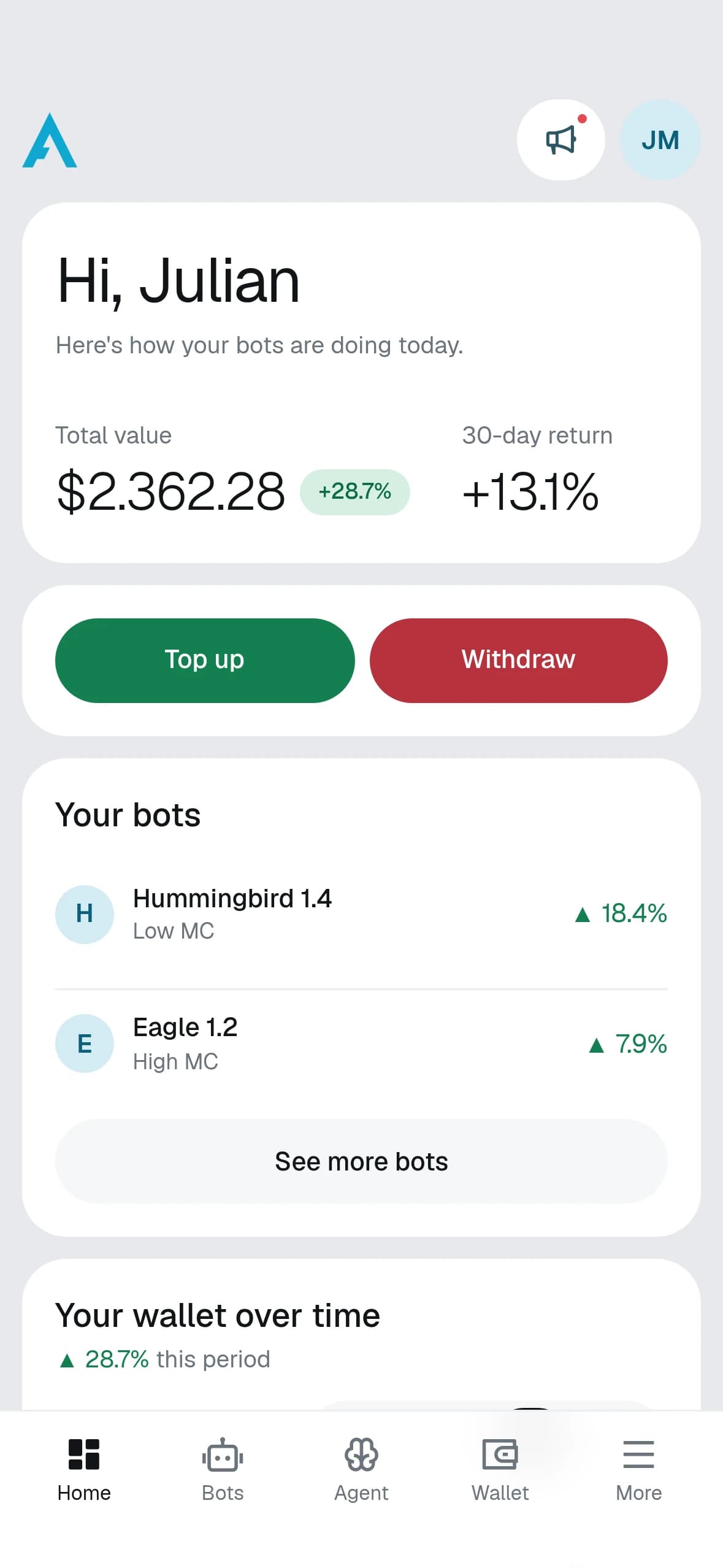 Panel de Agenty en el móvil: valor total, recargar y retirar, tus bots y evolución de la wallet